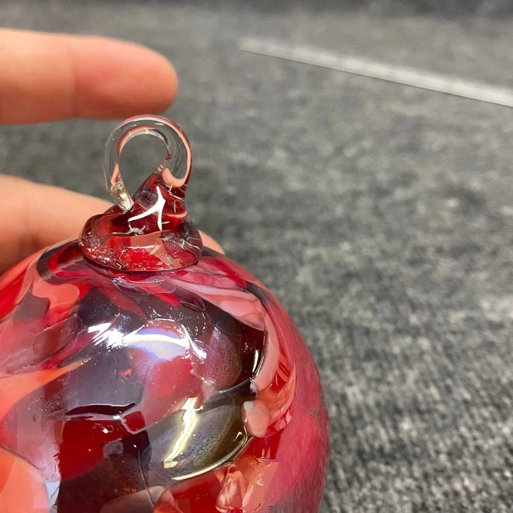 Hand Blown Art Glass Ornament Red Pink Swirl Round Hanging Bauble 3 Inch